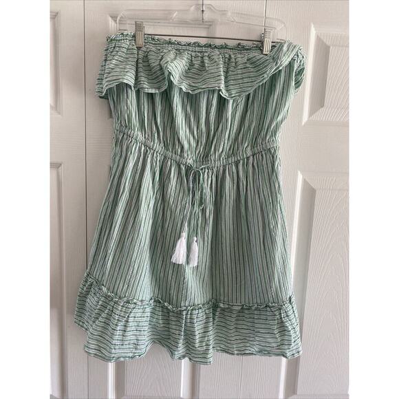 American‎ Eagle Large Strapless Ruffle Green Stripe Mini Dress Euro Resort Coast - Picture 1 of 8